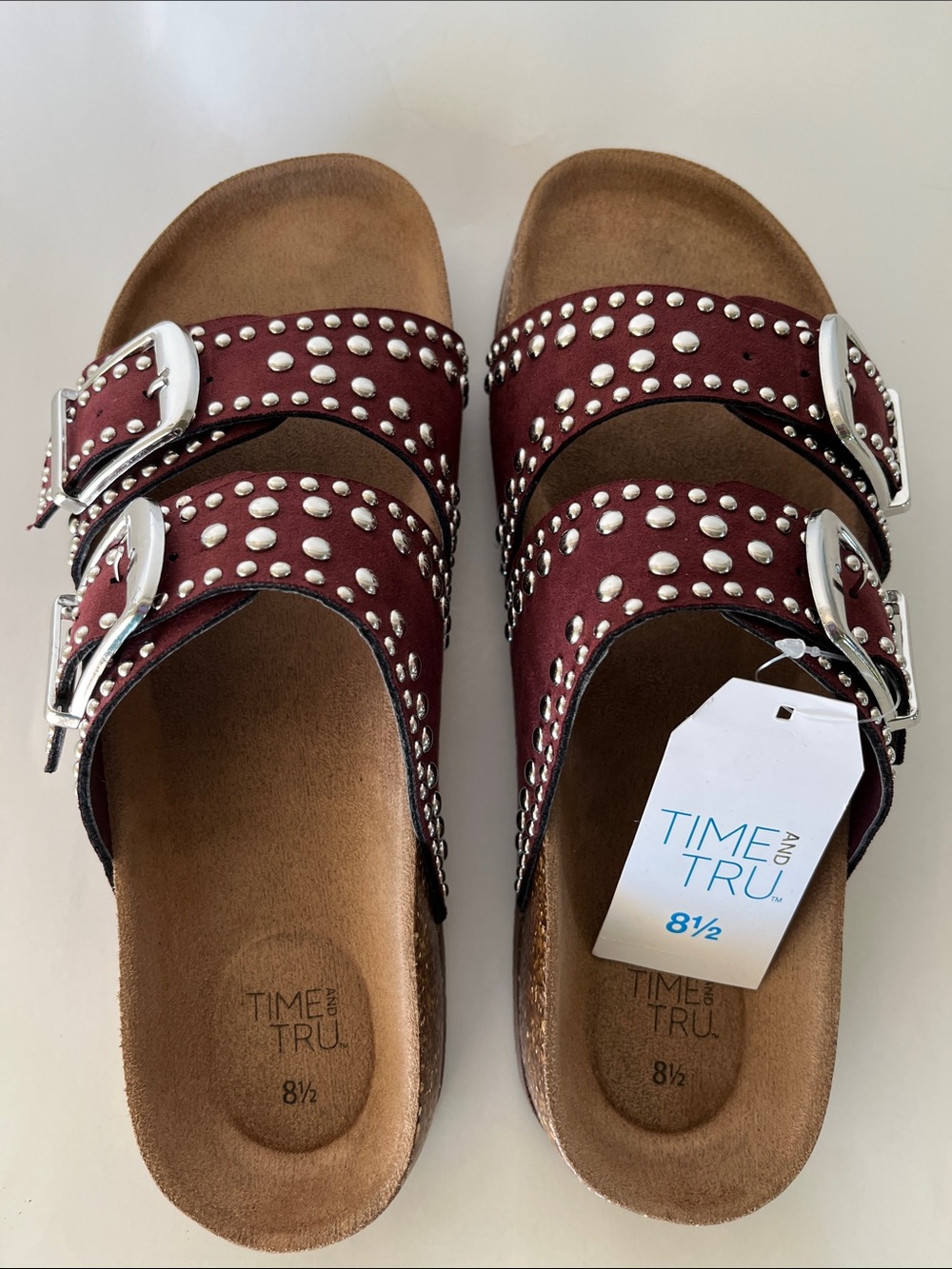 Time and Tru Maroon Studded Double-Buckle Slide Sandals - Picture 5 of 7